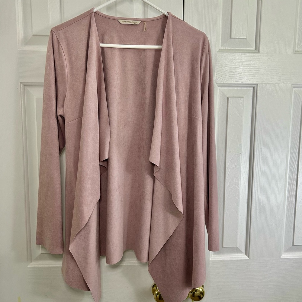 Soft Surroundings Pink Mauve Faux Suede Open Front Waterfall Cardigan Jacket M